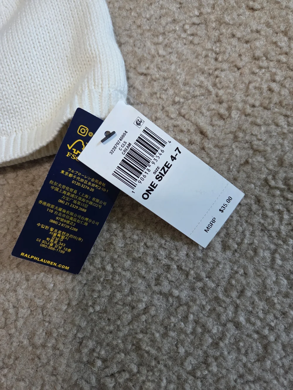 Polo by Ralph Lauren Cream Toddler Beanie And Fleece Lined